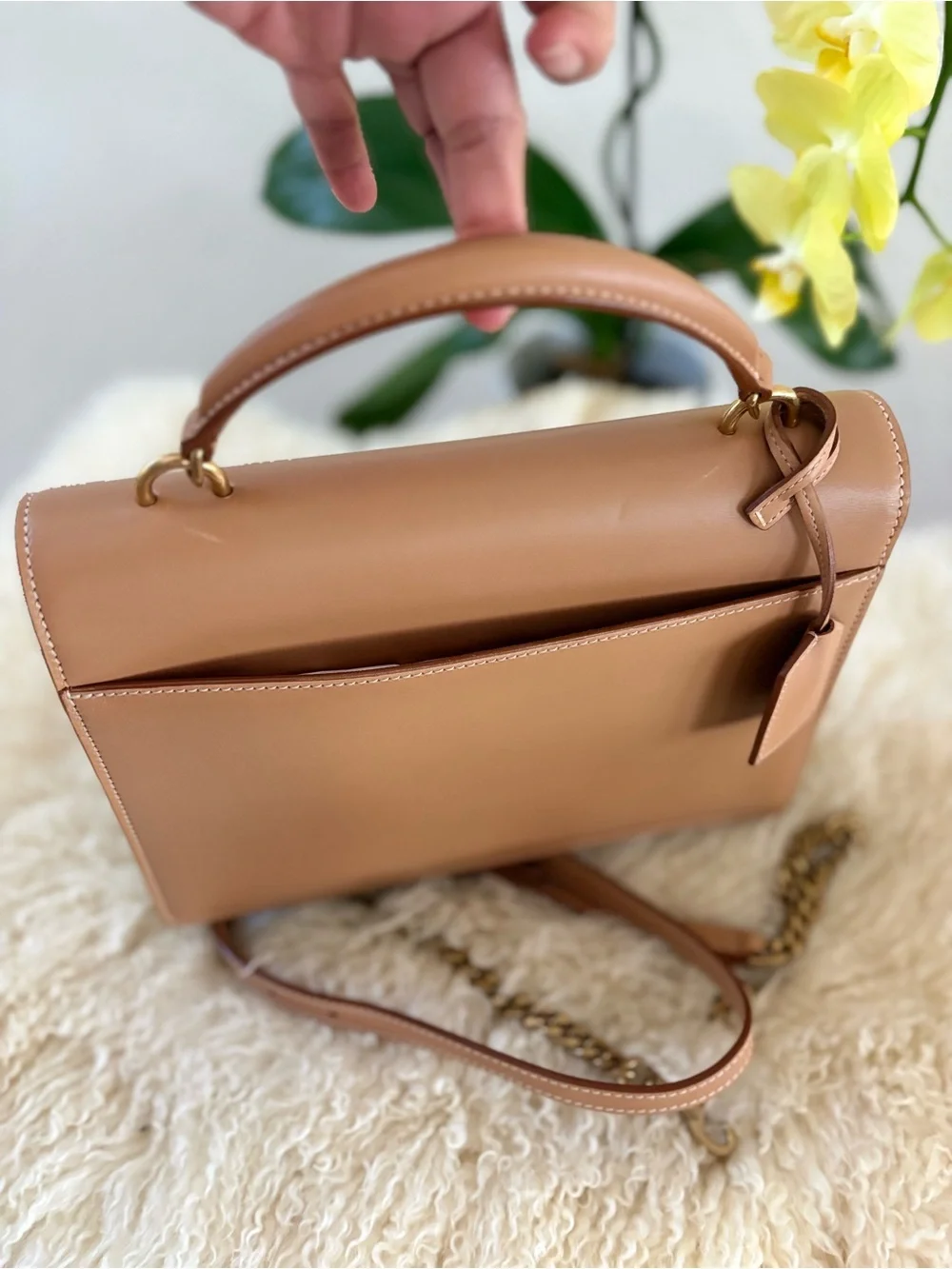 Saint Laurent Smooth Calfskin Medium Monogram Sunset Satchel Natural Tan
